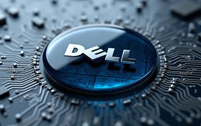 dell logo aus blauem glas, grauer technologiehintergrund, dell 3d logo, 3d blaues dell emblem, dell logo, graues motherboard, dell