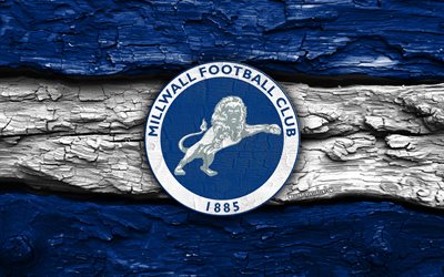 holzlogo des millwall fc, 4k, blau weißer holzhintergrund, meisterschaft, fußball, millwall fc logo, millwall fc emblem, millwall fc, englischer fußballverein, fc millwall