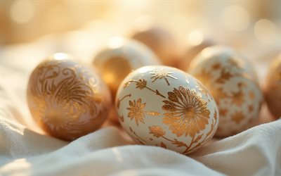 joyeuses pâques, 4k, ornements dorés sur les œufs de pâques, pâques, décoration de pâques, carte de pâques dorée, concepts de pâques