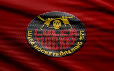 logo en tissu lulea hf, 4k, fond de tissu rouge, shl, bokeh, hockey, logo lulea hf, emblème lulea hf, équipe suédoise de hockey, lulea hf