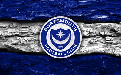logotipo de madera del portsmouth fc, 4k, fondo de madera blanco azul, campeonato, fútbol, logotipo del portsmouth fc, fútbol americano, emblema del portsmouth fc, fc portsmouth, club de fútbol inglés