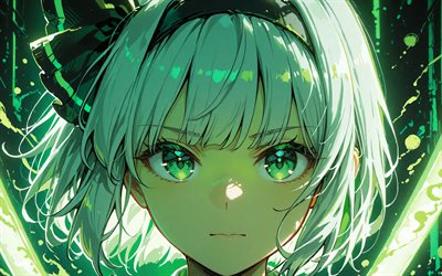 4k, Youmu Konpaku, green glare, darkness, Touhou Project, manga, green abstract background, Touhou characters, Touhou, Konpaku Youmu, anime characters, Youmu Konpaku Touhou