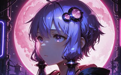 yuzuki yukari, 4k, luna morada, noche, vocaloide, chica con cabello morado, protagonista, manga, personajes vocaloides, cantantes virtuales japoneses, yuzuki yukari vocaloid
