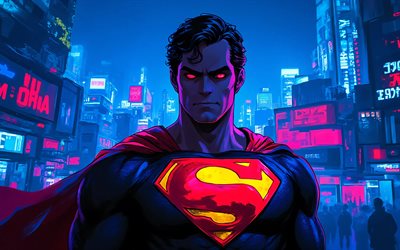 4k, 초인, 추상 미술, 거리, 빨간 눈, 마블 코믹스, 밤, 슈퍼 히어로, 슈퍼맨 아트, 슈퍼맨 4k