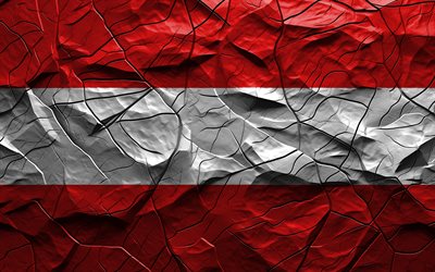 4k, bandera de austria, textura de piedra, europa, bandera 3d de austria, fondo con grietas, austria, bandera austriaca