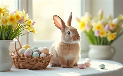 lapin de pâques, 4k, printemps, joyeuses pâques, joli lapin moelleux, pâques, oeufs décorés, concepts de pâques, oeufs de pâques