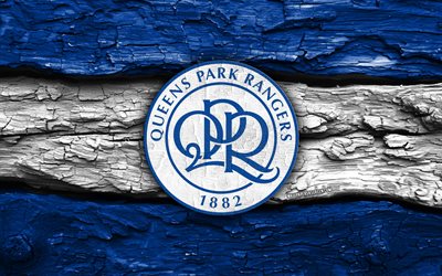 logotipo de madera de queens park rangers, 4k, fondo de madera blanco azul, campeonato, fútbol, logotipo de los queens park rangers, fútbol americano, emblema de los queens park rangers, guardabosques del parque de queens, club de fútbol inglés, queens park rangers fc, qpr