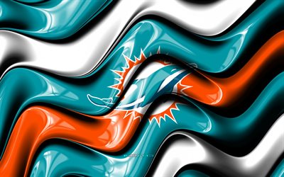 logo 3d des dauphins de miami, 4k, vagues 3d blanc turquoise, nfl, football américain, drapeau des dolphins de miami, créatif, logo des dauphins de miami, emblème des dolphins de miami, équipe de football américain, dauphins de miami
