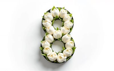 beyaz lale buketi, 8 mart, beyaz arka plan, uluslararası kadınlar günü, laleler, 8 rakamı şeklinde buket, beyaz 8 mart kartı, beyaz laleler, 8 mart tebrik kartı, 8 mart konseptleri
