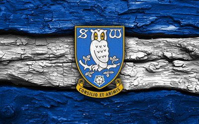 logotipo de madera del sheffield wednesday fc, 4k, fondo de madera blanco azul, campeonato, fútbol, logotipo del sheffield wednesday fc, fútbol americano, emblema del sheffield wednesday fc, sheffield miércoles fc, club de fútbol inglés, miércoles de sheffield