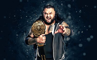 برونسون ريد, 4k, أضواء النيون البيضاء, wwe, مبدع, مصارع أسترالي, جيرمين هالي, برونسون ريد بالحزام, إن إكس تي, خلفية مجردة سوداء, الترفيه العالمي للمصارعة, المصارعين, برونسون ريد 4k