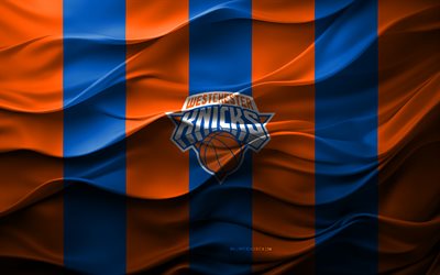 4k, logotipo de los knicks de westchester, fondo azul naranja 3d, emblema de los knicks de westchester, liga nba g, equipo de baloncesto americano, bandera de los knicks de westchester, textura 3d, baloncesto de los knicks de westchester, eeuu