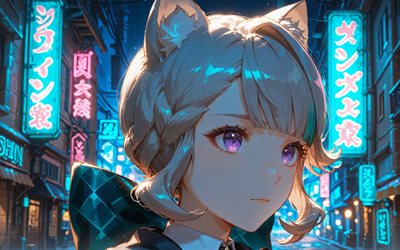 lynette, 4k, calle, noche, impacto de genshin, retrato, personajes de anime, lynn, netti, lina, personajes de impacto de genshin, impacto de lynette genshin