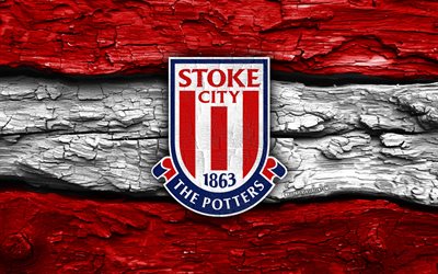 Stoke City FC wooden logo, 4k, red white wooden background, Championship, soccer, Stoke City FC logo, football, Stoke City FC emblem, Stoke City FC, english football club, FC Stoke City