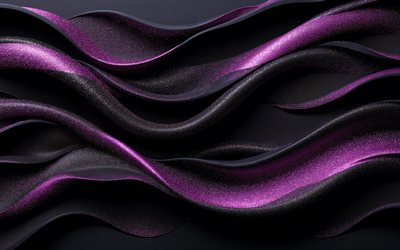 fondo de ondas negras con ondas moradas, 4k, fondo de ondas de brillo púrpura, fondo de ondas elegantes, fondo de ondas negras y moradas, fondo de ondas 3d, fondo elegante de ondas negras