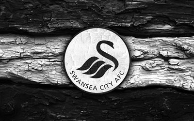 Swansea City FC wooden logo, 4k, black white wooden background, Championship, soccer, Swansea City FC logo, football, Swansea City FC emblem, Southampton FC, english football club, FC Swansea City