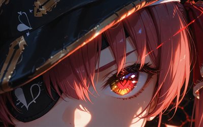 4k, marinha houshou, fechar se, olho vermelho, youtuber virtual, vtuber, menina com olhos vermelhos, hololive, mangá, canal marinho houshou, youtuber virtual da marinha houshou