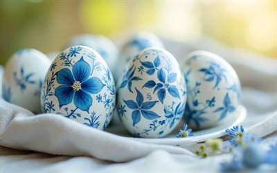 oeufs de pâques avec ornements bleus, 4k, joyeuses pâques, ornements floraux sur les œufs de pâques, concepts de pâques, oeufs de pâques, carte de voeux de pâques, œufs de pâques bleus, pâques