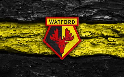 Watford FC wooden logo, 4k, black yellow wooden background, Championship, soccer, Watford FC logo, football, Watford FC emblem, Watford FC, english football club, FC Watford