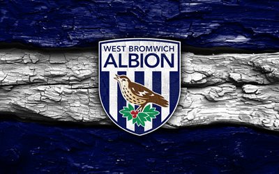 West Bromwich Albion wooden logo, 4k, blue white wooden background, Championship, soccer, West Bromwich Albion logo, football, West Bromwich Albion emblem, West Bromwich Albion, english football club, West Bromwich Albion FC