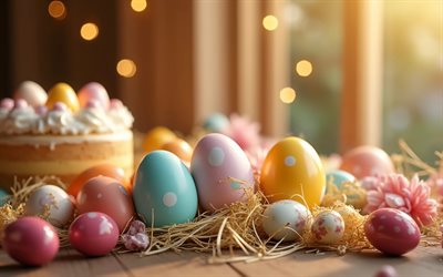 oeufs de pâques, 4k, bokeh, reflet doré, gâteau de pâques, joyeuses pâques, gros plan, décorations de pâques, milieux de pâques, pâques