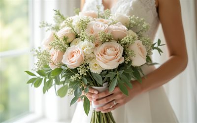 hochzeitsstrauß, 4k, strauß rosen, braut mit einem blumenstrauß, weiße rosen, rosa rosen, brautstrauß, rosen, hochzeitskonzepte