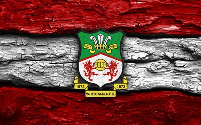 Wrexham AFC wooden logo, 4k, red white wooden background, Championship, soccer, Wrexham AFC logo, football, Wrexham AFC emblem, Wrexham AFC, english football club, Wrexham FC