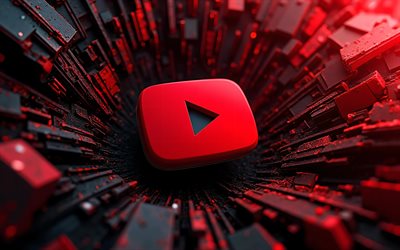 4k, YouTube 3D logo, creative, darkness, red 3D background, bokeh, social networks, brands, artwork, YouTube logo, YouTube