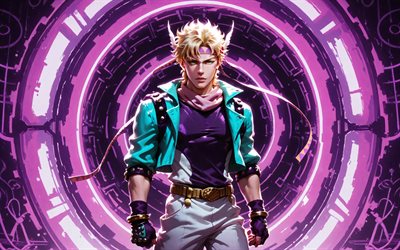 Caesar Anthonio Zeppeli, 4k, purple neon rings, JoJos Bizarre, manga, purple abstract background, Shiza Antonio Tseperi, JoJos Bizarre characters, Caesar Anthonio Zeppeli JoJos Bizarre