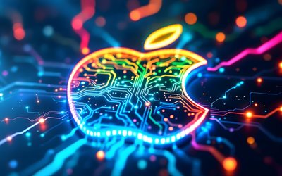 leuchtendes apple logo, 4k, bokeh, bunter high tech hintergrund, mikroschaltungen, dirigenten, elektronikmarken, kreativ, apple logo auf mikroschaltung, marken, kunstwerk, apple logo, apfel
