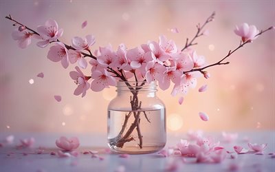 flor de cerezo, 4k, se acerca la primavera, ramas de cerezo en flor en un frasco, conceptos de primavera, flores de cerezo rosadas, cereza