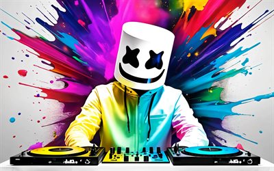 4k, dj marshmello, färgglada färgstänk, dj konsol, christopher comstock, marshmello mask, musikstjärnor, populära sångare, abstrakt konst, amerikansk dj, superstjärnor, marshmello, djs, marshmello 4k