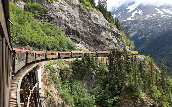 ألاسكا, السكك الحديدية, القطار, الغابات, الجبال, skagway, الولايات المتحدة الأمريكية, أمريكا