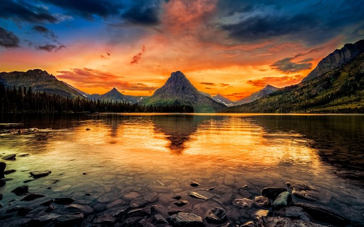 Two Medicine Lake, sunset, mountain, forest, coast, Glacier National Park, USA, America