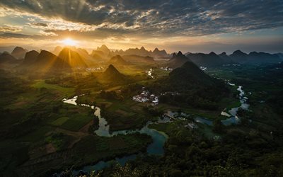 La puesta del sol, valle, montaña, río, sol, China
