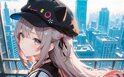 neneko mashiro, 4k, chapéu preto, paisagem urbana, youtuber virtual, obra de arte, vtuber, menina de olhos azuis, neneko mashiro stellive, mangá, canal stelive, stellive virtual youtuber