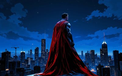 4k, superhombre, vista trasera, paisaje nocturno, arte vectorial, superhéroes, cómics marvel, paisaje urbano azul, arte de superman, fan art, superhombre 4k