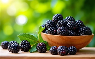 cuenco de madera con mora, 4k, bayas maduras, frutas de verano, frutas frescas, bokeh, de cerca, frutas maduras, mora madura, bayas, cereza, fondo con mora, frutas, zarzamora