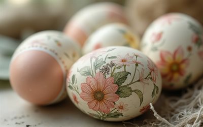 oeufs de pâques décorés de fleurs, 4k, ornements de fleurs rétro, joyeuses pâques, décorations de pâques, fleurs rétro sur les œufs de pâques, oeufs de pâques, printemps, pâques, œufs avec photos, ornements floraux, concepts de pâques