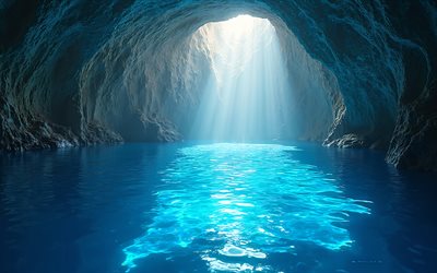 cueva marina, 4k, cueva con un agujero en la parte superior, costa, laguna azul, hermosas cuevas, mar