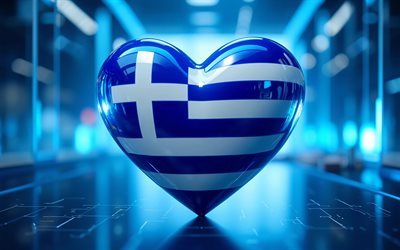I Love Greece, 4k, digital art, blue 3D background, blue glare, Day of Greece, flag of Greece, heart with Greek flag, artwork, 3D hearts, Greek flag, Greece, Love for Greece