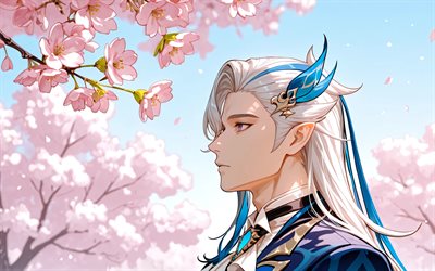 4k, neuvillette, parque, flor de cerezo, impacto de genshin, primavera, violinista, personajes de anime, obra de arte, personajes de impacto de genshin, impacto de neuvillette genshin