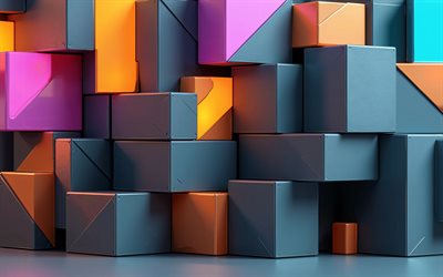 forme geometriche colorate, 4k, cubi, figure 3d colorate, prismi, sfondo colorato 3d, parallelepipedi, modelli 3d, sfondi 3d, forme geometriche, geometria, creativo, sfondi astratti scuri, figure geometriche