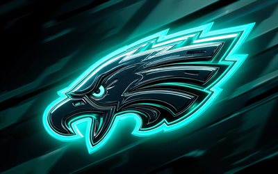 Philadelphia Eagles metal logo, 4k, turquoise neon lights, NFL, american football, Philadelphia Eagles logo, Philadelphia Eagles 3D logo, american football team, Philadelphia Eagles neon logo, Philadelphia Eagles