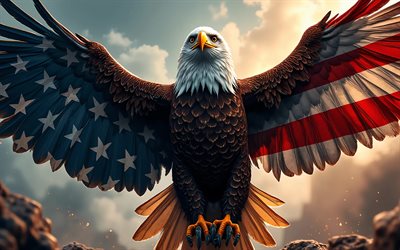 4k, pygargue à tête blanche, drapeau américain sur les ailes, drapeau des états unis, oiseaux de proie, symbole des états unis, art du pygargue à tête blanche, drapeau américain, 4 juillet, oeuvre d'art, aigles, usa, quatrième juillet, art 3d