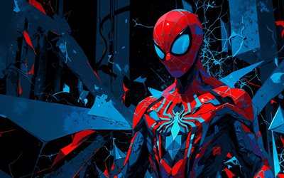 hombre araña, 4k, fondo geométrico azul, arte abstracto, superhéroes, cómics marvel, arte del hombre araña, obra de arte, hombre araña 4k