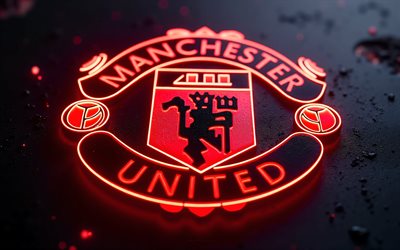 Manchester United FC neon logo, 4k, black background, Man United, Manchester United logo, red neon light, Man United logo, Manchester United FC logo, Manchester United FC emblem, England, Manchester United FC
