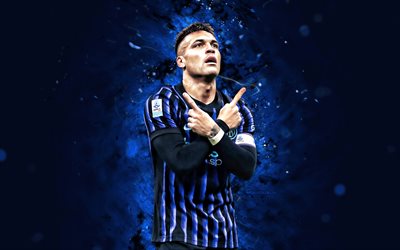 Lautaro Martinez, 4k, personal celebration, blue neon lights, Inter Milan, Serie A, Argentine footballers, Lautaro Martinez 4K, football, soccer, Inter Milan FC, Internazionale, Lautaro Martinez Inter Milan