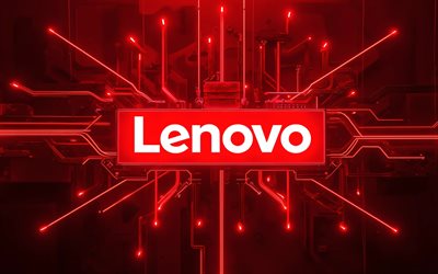 logotipo brilhante da lenovo, 4k, fundo vermelho de alta tecnologia, condutores, marcas de eletrônicos, criativo, logotipo da lenovo no microcircuito, marcas, logotipo de néon da lenovo, obra de arte, logotipo da lenovo, lenovo
