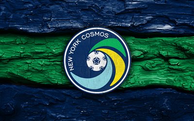 New York Cosmos wooden logo, 4k, blue green wooden background, USL League One, soccer, New York Cosmos logo, football, New York Cosmos emblem, american soccer club, New York Cosmos